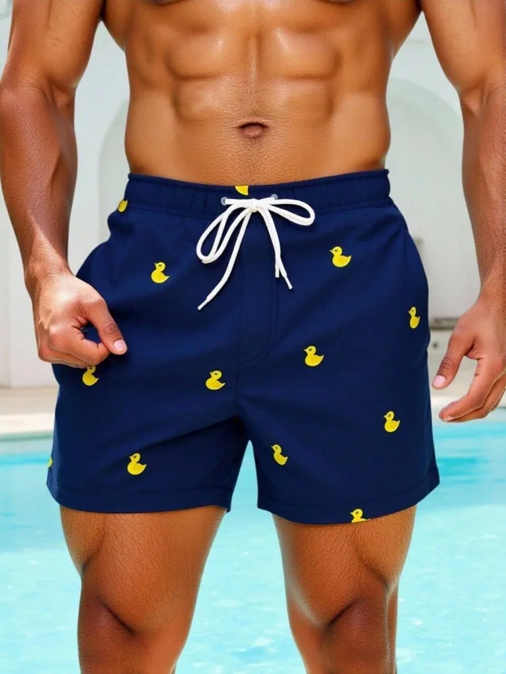 Navy Blue Cartoon Duck Print Men's Drawstring Waist Beach Shorts Swim Trunks
